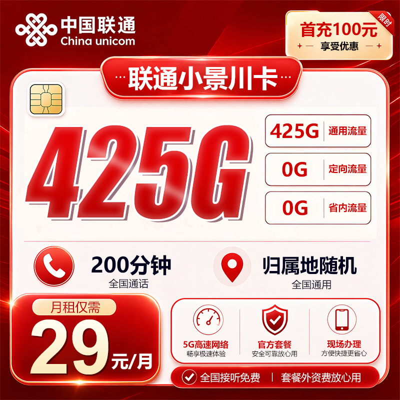 ⭐联通小景川卡【29元425G】