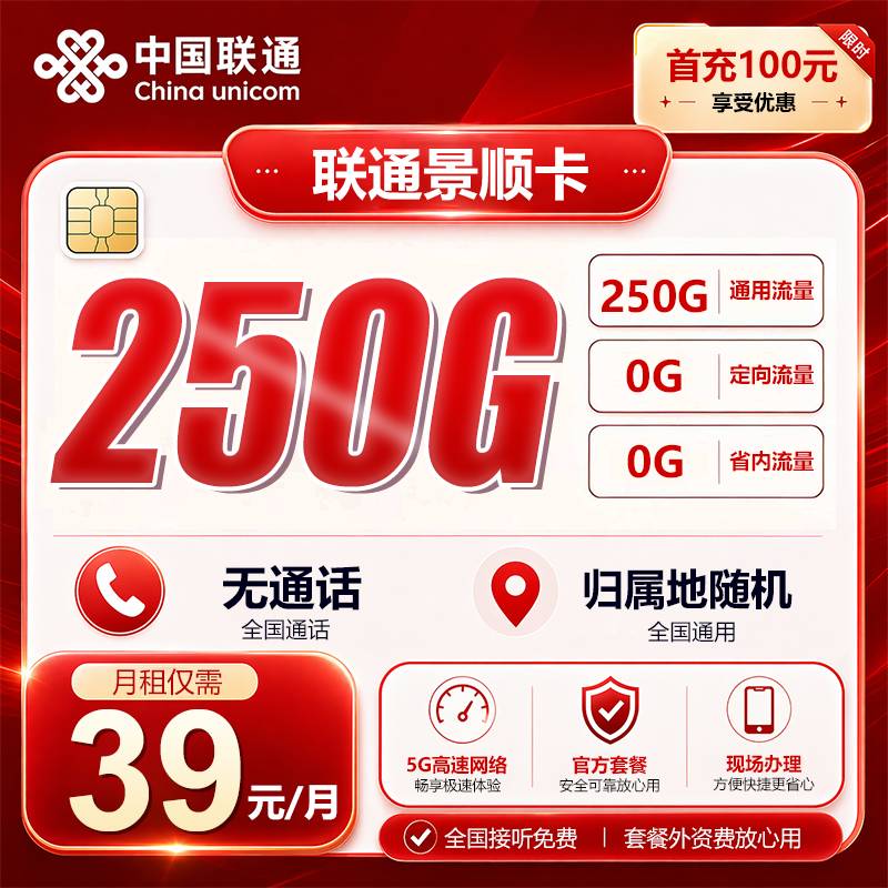 ⭐联通景顺卡【39元250G】