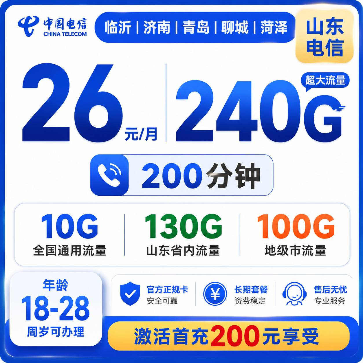 山东电信【26元240G流量＋200分钟】