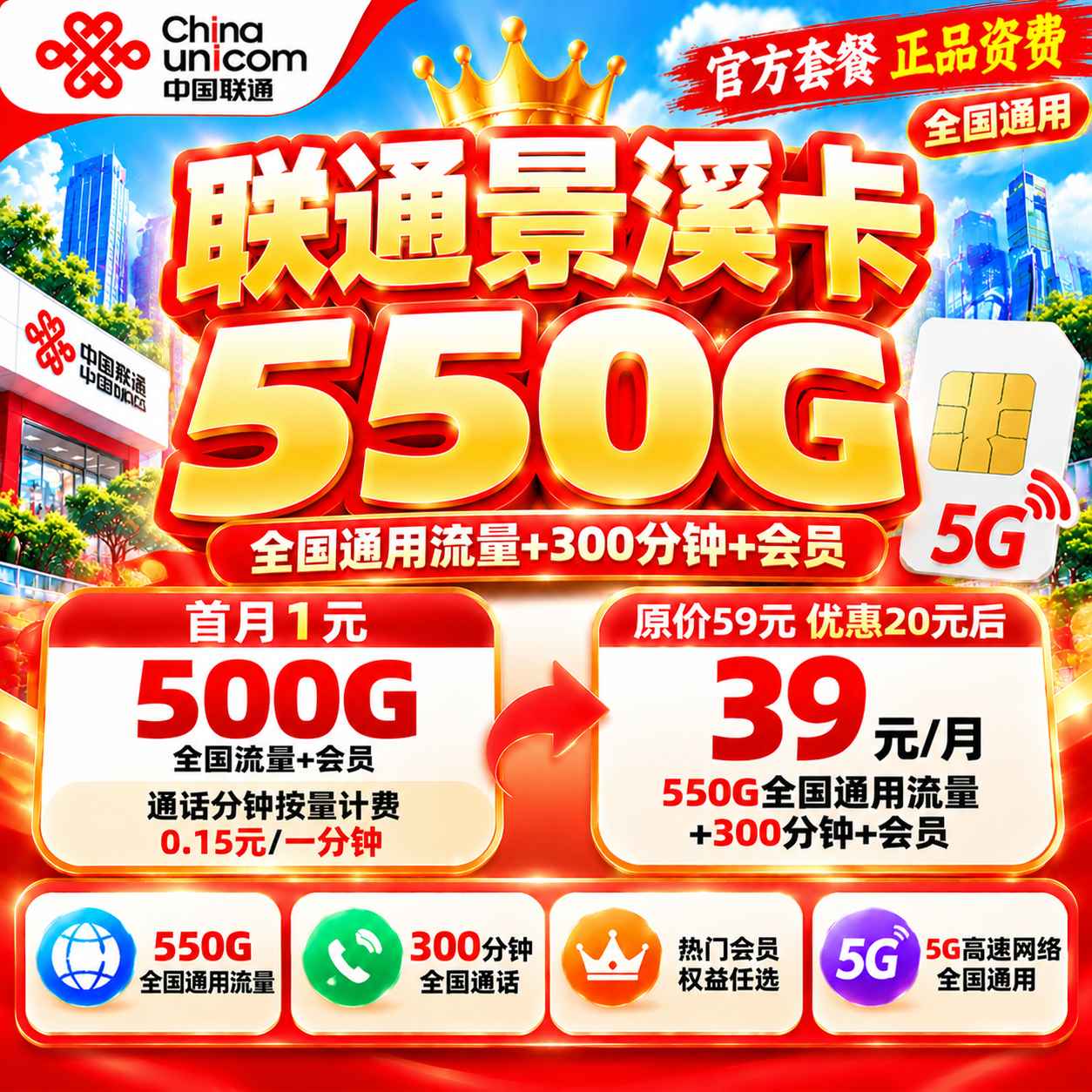 联通景舜卡【39元550G】